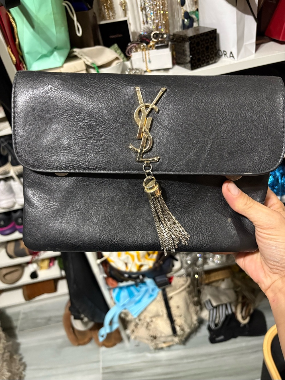 Saint Laurent Black Leather Tassel Logo Clutch